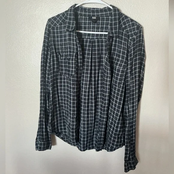 PAIGE Mya Metallic Plaid Button-Up Shirt in Dark Slate / Blue Stone Women’s M - Picture 2 of 6